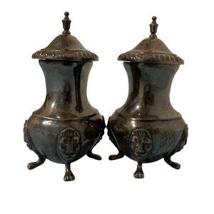 Lions Head Footed Antique Ornate Silver Plated Salt & Pepper Shakers Monogrammed